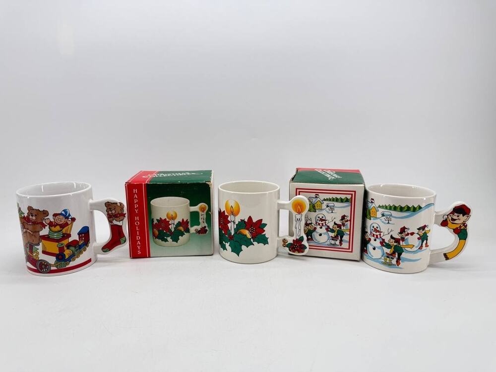 The Love Mug Vintage Christmas Ceramic Mug Lot Snowman Bear Poinsettia 2.60 lb